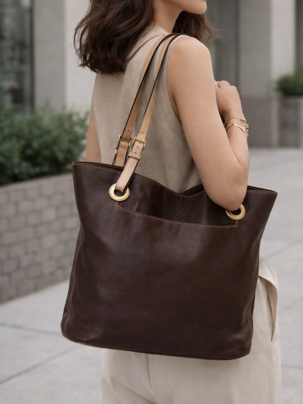 Michael Kors Brown Leather Tote Slouchy Shoulder Bag Gold Hardware Large
